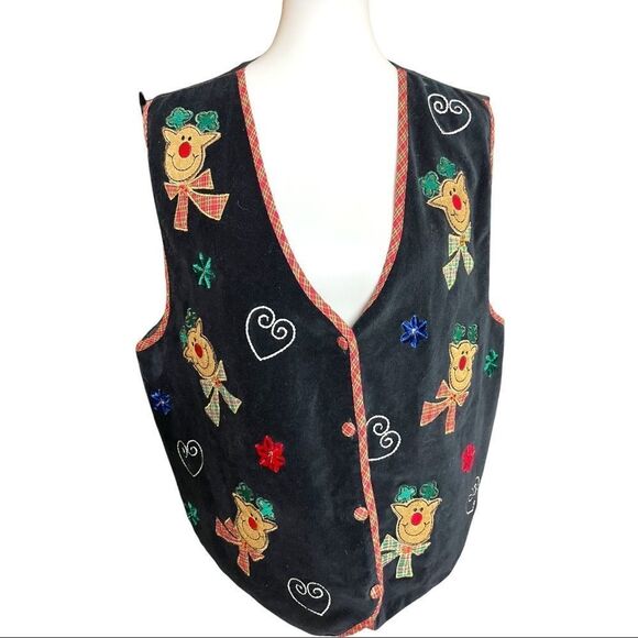 Vintage Black Velvet Button Up Christmas Vest - Picture 2 of 5